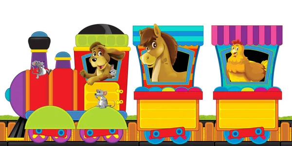 Cartoon-Dampfzug auf Gleisen mit Nutztieren auf weißem Hintergrund Raum für Text - Illustration für Kinder — Stockfoto