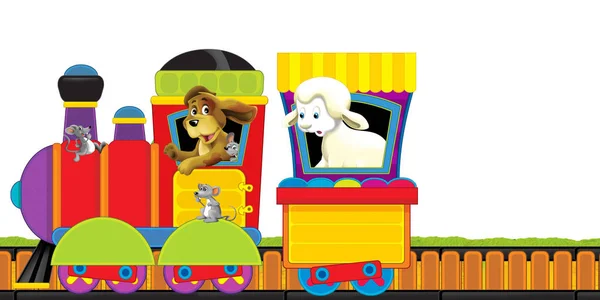 아이들을 위한 문자 그림 이 있는 흰 배경 공간에 가축들이 있는 그림이 그려진 그림이 그려진 만화 열차가 선로 위에 있다 — 스톡 사진