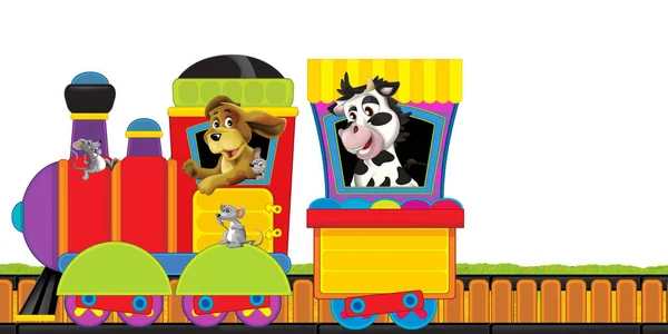 テキストのための白い背景空間上の農場動物とトラック上の漫画蒸気機関車-子供のためのイラスト — ストック写真