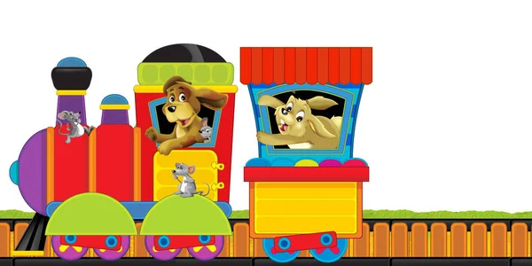 Rajzfilm gőz vonat pályákon haszonállatok fehér háttér szöveges - illusztráció gyerekeknek — Stock Fotó