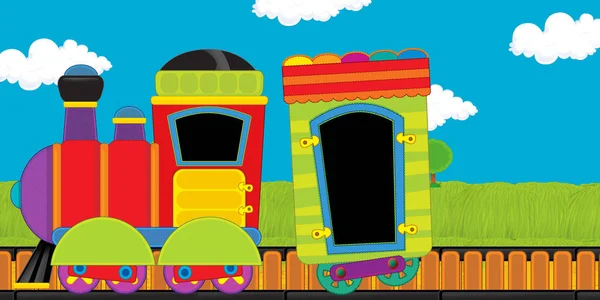Γελοιογραφία αστείο αναζητούν τρένο ατμού διέρχεται από το λιβάδι - εικονογράφηση για τα παιδιά — Φωτογραφία Αρχείου