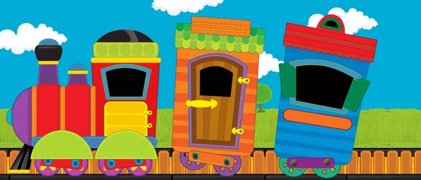 Tren de vapor de aspecto divertido de dibujos animados que pasa por el prado - ilustración para niños —  Fotos de Stock