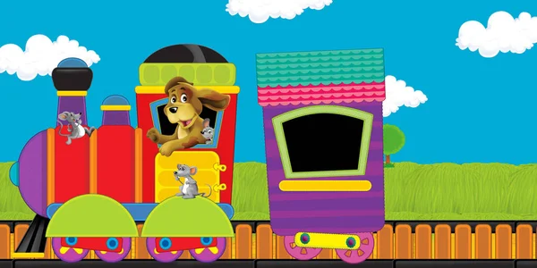 卡通形象滑稽的蒸汽火车与农场动物在草地上穿行- -儿童图解 — 图库照片
