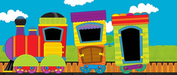 Tren de vapor de aspecto divertido de dibujos animados que pasa por el prado - ilustración para niños —  Fotos de Stock