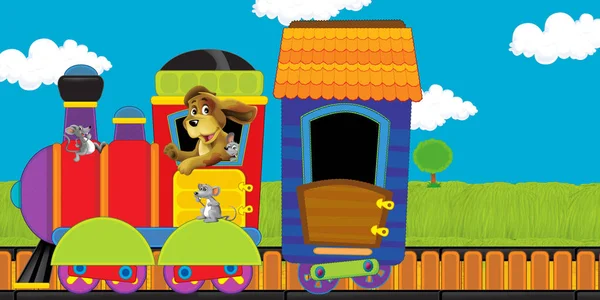 Tren de vapor de aspecto divertido de dibujos animados que atraviesa el prado con animales de granja - ilustración para niños —  Fotos de Stock