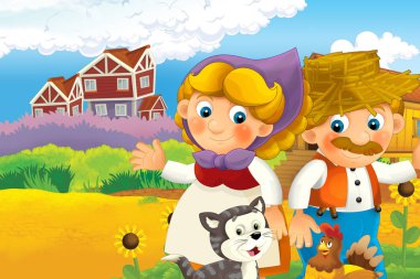 Çizgi film mutlu çiftlik sahnesi - çiftçi erkek ve kadın mutlu - çocuklar için illüstrasyon