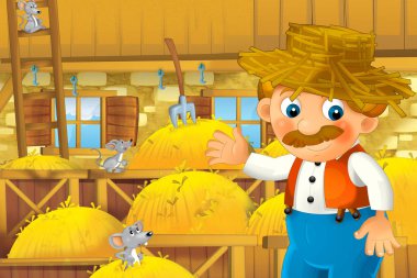 Mutlu bir adamın çiftlikte çalıştığı çizgi film sahnesi. Çocuklar için ayakta duran ve gülümseyen bir illüstrasyon.