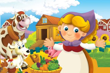 Mutlu bir kadının çiftlikte çalıştığı çizgi film sahnesi. Çocuklar için ayakta durup gülümseyen bir illüstrasyon.