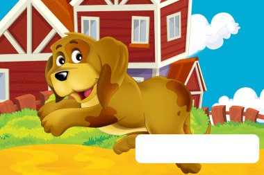 Bir çiftlikte köpekli çizgi film sahnesi. Çerçeveyle yazı için eğleniyor. Çocuklar için çizim.