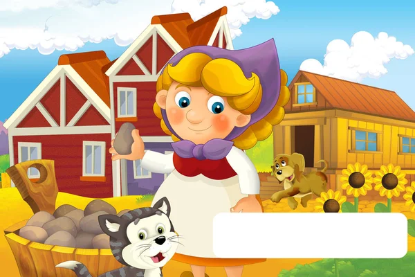 Scena del cartone animato con donna felice che lavora nella fattoria con cornice per testo - illustrazione in piedi e sorridente per i bambini — Foto Stock