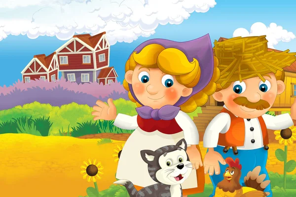 Cartoon happy farm scene - farm couple man and woman happy - illustration for children