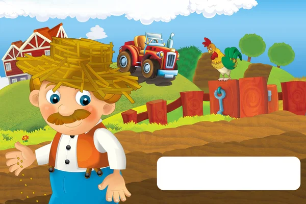 Scena z kreskówek ze szczęśliwym człowiekiem pracującym na farmie - stojąc i uśmiechając się z ramką do ilustracji tekstu dla dzieci — Zdjęcie stockowe