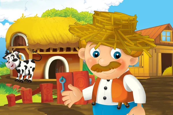 Tecknad scen med glad man som arbetar på gården - stående och leende illustration för barn — Stockfoto
