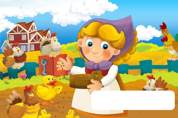 Escena de dibujos animados con mujer feliz trabajando en la granja con marco para el texto - de pie e ilustración sonriente para los niños — Foto de Stock