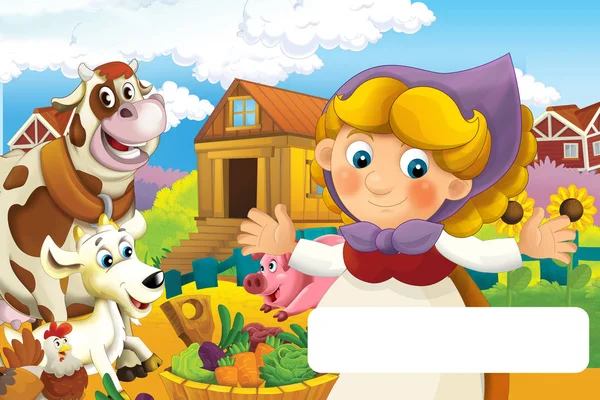 Tecknad scen med glad kvinna som arbetar på gården med ram för text - stående och leende illustration för barn — Stockfoto