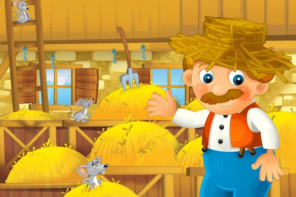 Σκηνή κινουμένων σχεδίων με ευτυχισμένο άνθρωπο που εργάζονται στο αγρόκτημα - στέκεται και χαμογελώντας εικόνα για τα παιδιά — Φωτογραφία Αρχείου