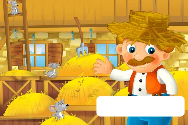 Scena del cartone animato con uomo felice che lavora in fattoria - in piedi e sorridente con cornice per illustrazione di testo per bambini — Foto Stock