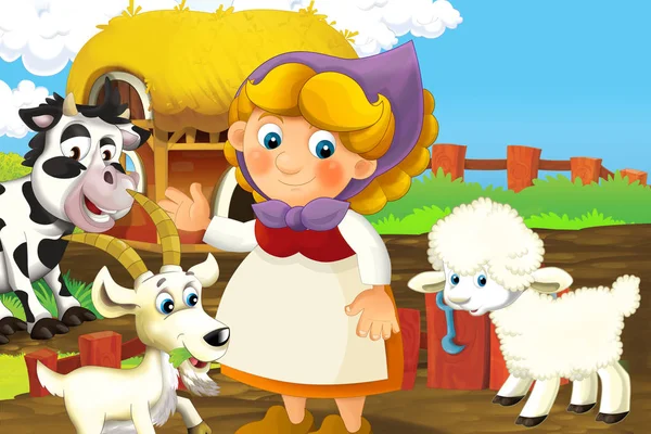 Cartoon scene with happy woman working on the farm - standing and smiling illustration for children — Stock Photo, Image