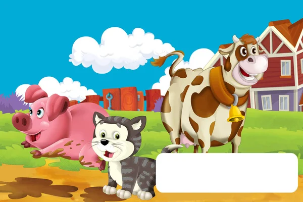 고양이 가 농장에서 재미있게 놀고 있는 만화 장면 - 아이들을 위한 문자 삽화와 함께 — 스톡 사진