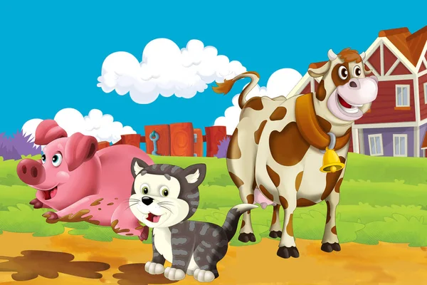 Мультяшная сцена с кошкой, развлекающейся на ферме - иллюстрация для детей — стоковое фото