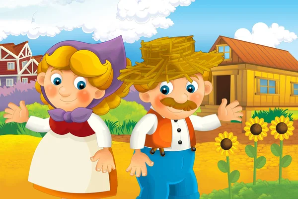 Karikatur glückliche Bauernhofszene - Bauernpaar glücklich Mann und Frau - Illustration für Kinder — Stockfoto