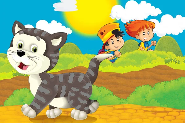 Scena dei cartoni animati con gatto divertirsi in fattoria - illustrazione per bambini — Foto Stock