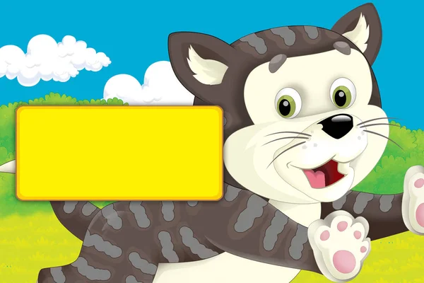 Kreslená scéna s kočkou bavící se na statku s rámečkem pro text - ilustrace pro děti — Stock fotografie