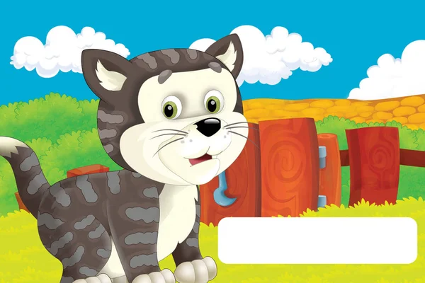 Tecknad scen med katt som har roligt på gården med ram för text - illustration för barn — Stockfoto