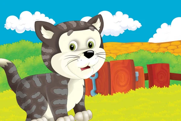Escena de dibujos animados con gato divirtiéndose en la granja - ilustración para niños —  Fotos de Stock