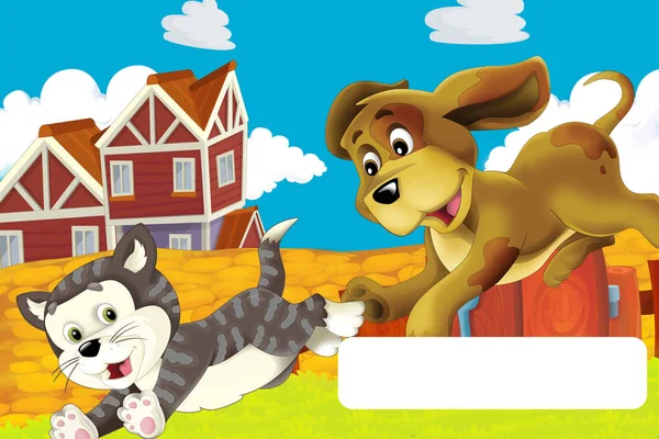 Cartoon scene with cat having fun on the farm with frame for text - illustration for children — Stock Photo, Image