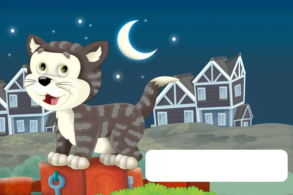 Scena dei cartoni animati con gatto divertirsi in fattoria con cornice per testo - illustrazione per bambini — Foto Stock
