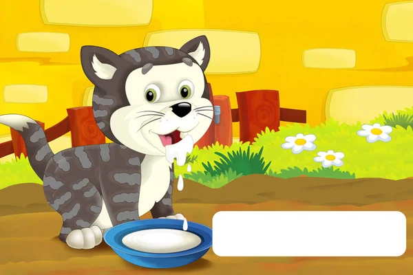 Escena de dibujos animados con gato divirtiéndose en la granja con marco para texto - ilustración para niños — Foto de Stock