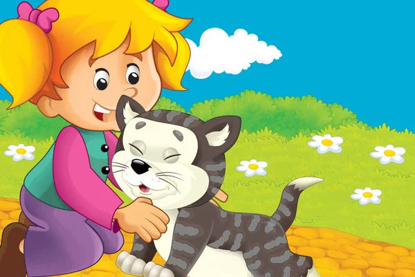 Zeichentrickszene mit Katze, die Spaß auf dem Bauernhof hat - Illustration für Kinder — Stockfoto