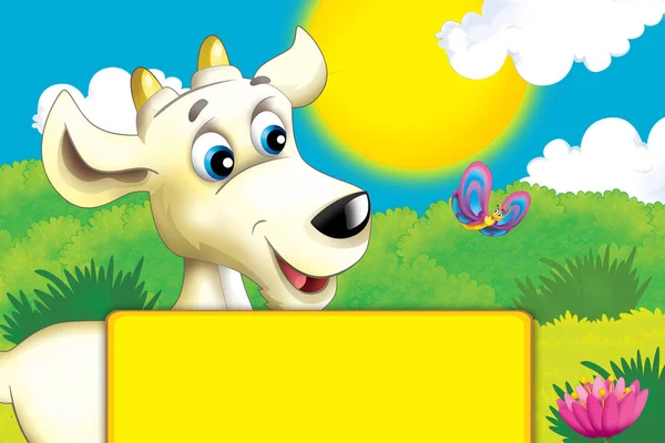 Escena de granja de dibujos animados con cabra animal divirtiéndose con espacio para texto - ilustración para niños — Foto de Stock