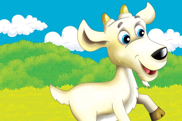 Cartoon farm scene with animal goat having fun - illustration for children — Stock Photo, Image