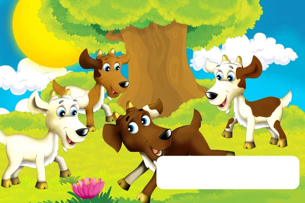 Kartun pertanian adegan dengan kambing hewan bersenang-senang dengan ruang untuk teks ilustrasi untuk anak-anak — Stok Foto
