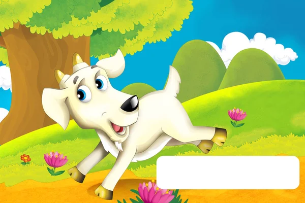 Cena de fazenda de desenhos animados com cabra animal se divertindo com espaço para texto - ilustração para crianças — Fotografia de Stock