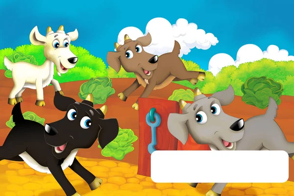 動物ヤギと漫画農場のシーンはテキストのためのスペースで楽しみを持っています-子供のためのイラスト — ストック写真