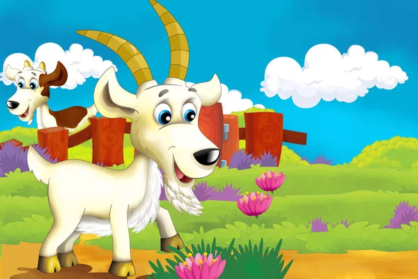 Cartoon Farm scena con capra animale divertirsi - illustrazione per bambini — Foto Stock