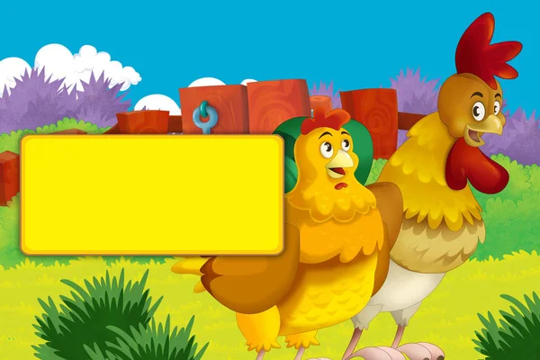 Fazenda de desenhos animados cena feliz com galo de pé e aves de fazenda de galinhas com quadro para texto - ilustração para crianças — Fotografia de Stock
