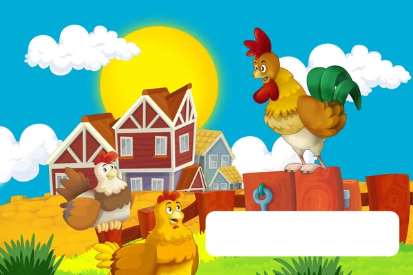 卡通农场快乐的场景与站立的公鸡和母鸡农场的鸟的文字框架-儿童图解 — 图库照片
