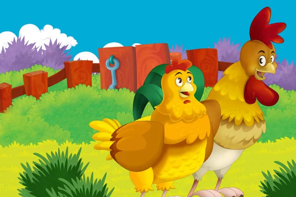 Cartoon farm happy scene with standing rooster and hen farm birds - illustration for children