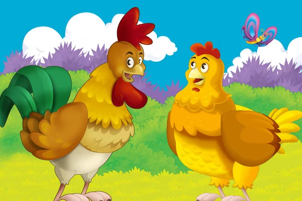 Cartoon-Farm glückliche Szene mit stehendem Hahn und Hühnerfarm-Vögeln - Illustration für Kinder — Stockfoto