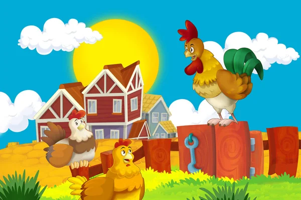 Cartoon farm scène heureuse avec des coqs debout et des oiseaux de ferme poule illustration pour les enfants — Photo