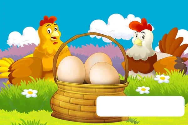 Cartoon farm scena felice con gallo in piedi e gallina uccelli fattoria con cornice per il testo - illustrazione per bambini — Foto Stock