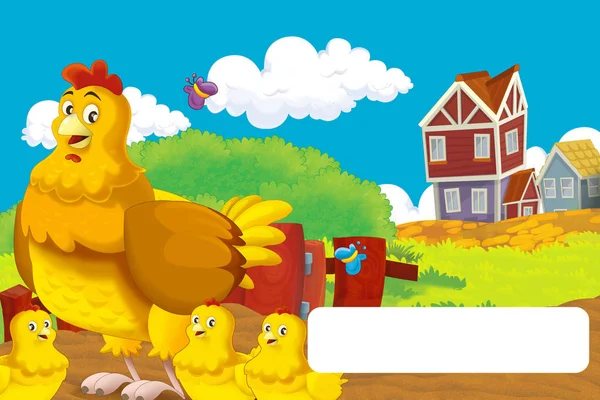 漫画農場の幸せなシーンに立って鶏とその後、文字のためのフレームを持つ鳥-子供のためのイラスト — ストック写真