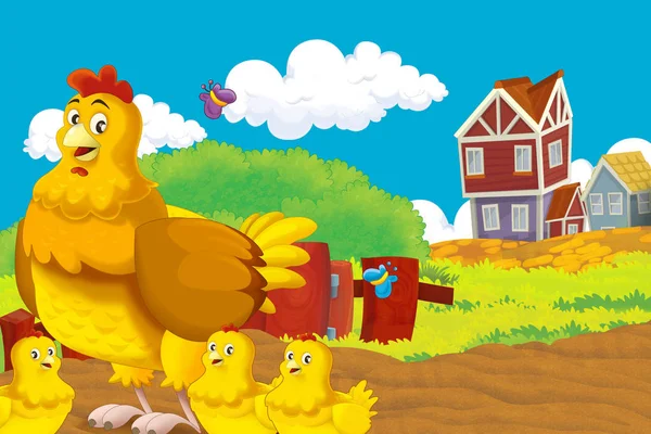 Fazenda de desenhos animados cena feliz com galo de pé e aves de fazenda de galinhas - ilustração para crianças — Fotografia de Stock