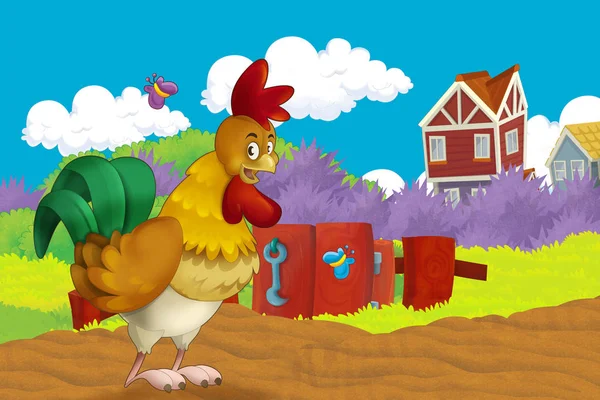 Cartoon farm happy scene with standing rooster and hen farm birds - illustration for children — Stock Photo, Image