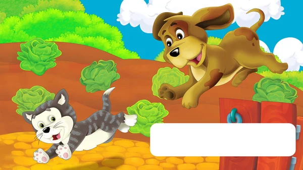 Escena de dibujos animados con perro en una granja divirtiéndose con marco para texto - ilustración para niños —  Fotos de Stock