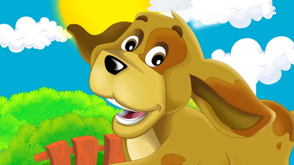 Scena dei cartoni animati con cane in una fattoria divertirsi - illustrazione per bambini — Foto Stock